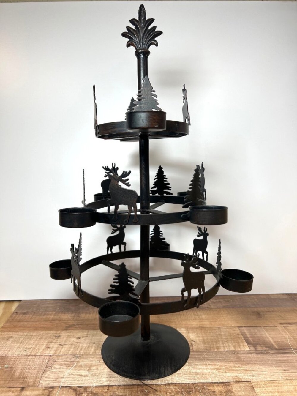 Metal Christmas-Themed Tiered Candle Holder Deer & Tree Silhouettes Black Finish